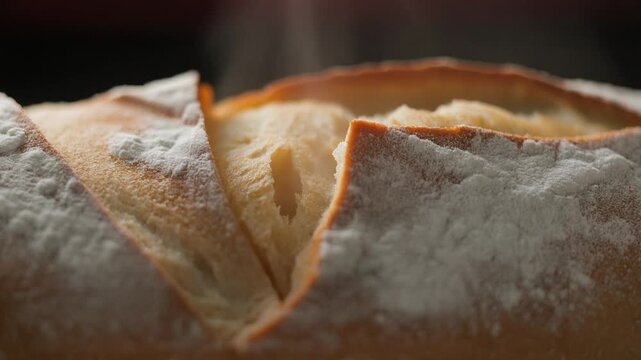 Freshly baked artisan bread with flour dust and rising steam