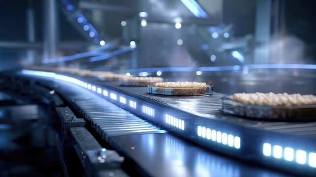 Modern Food Processing Facility with Conveyor Belt System and Steaming Dishes in a High-Tech Environment