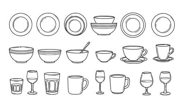 Kitchen tableware doodle outline icons plate mug glass bowl vector set