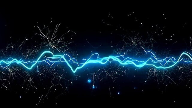 With a striking burst of energy, the abstract vitamin waveform stretching outward ignites in electric blue and neon green sparks, the sharp angles and rapid oscillations creating a