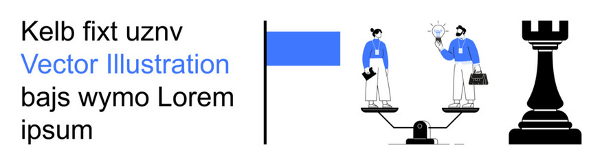Business strategy, decision-making, balance, teamwork, innovation, problem-solving. Two figures on scales with a lightbulb and chess rook. Business strategy and decision-making concepts © robu_s