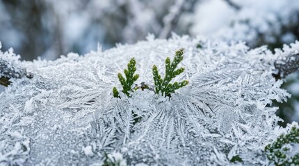 Close-up of green evergreen tips emerging from a thick layer of intricate frost