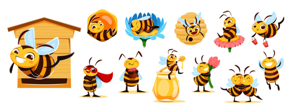 Cartoon honey bee characters, flowers, honeycombs and hive set. Vector cute honeybees flying with honey jar, pot and buckets. Yellow bee insect characters sleeping in beehive, eating nectar, working