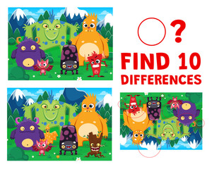 Naklejka premium Find ten differences between funny monster characters landscape. Matching details, objects comparing riddle game vector worksheet. Spotting quiz with hairy spooky monsters, creepy creatures characters