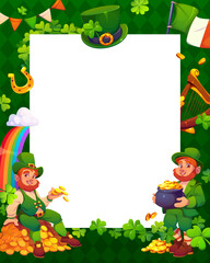 Naklejka premium Happy St Patrick's day greeting card or banner. Saint Patrick vector greeting card, March holiday invitation or frame with funny leprechauns in hat, golden coins in pot, shamrock clovers and rainbow