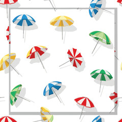 Obraz premium A playful assortment of colorful beach umbrellas scattered on a white backdrop