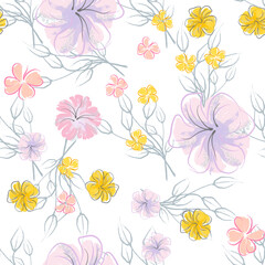 Pink Flowers Blooming Pattern. Pastel Watercolor Floral Print. Little Pink, Yellow, Lilac flower on grey leaf. Elegant brush Background. Seamless Botanical Vector Surface. Texture For Fashion Prints.