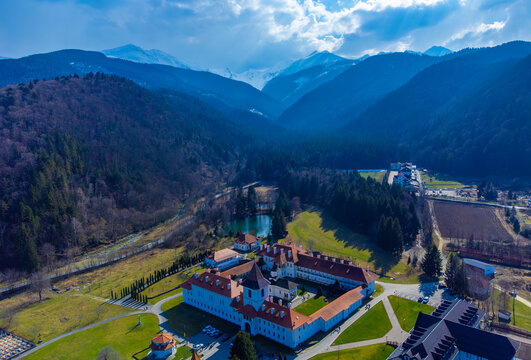 Aerial view of the Brancoveanu monastery in Sambata de Sus - Romania