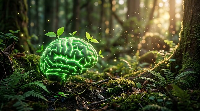 Green illuminated brain with leaves growing on it in a lush forest setting, representing nature-inspired intelligence and organic technology concept