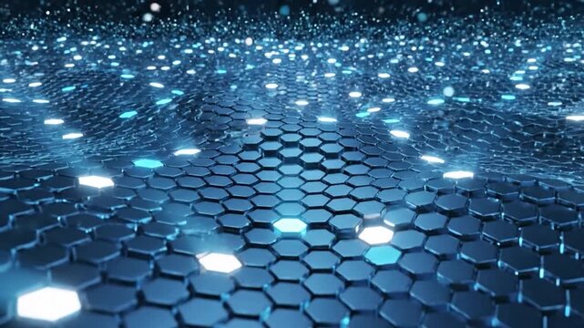 Abstract digital hexagonal grid with glowing lights in a futuristic landscape
