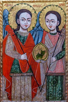 An old icon representing the holy archangels Michael and Gabriel, at the Sambata de Sus monastery - Romania