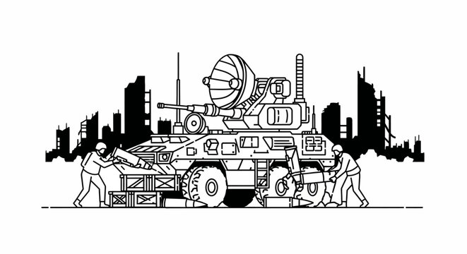 Military Armored Vehicle with Satellite Dish and Soldiers Loading Supplies in Ruined City