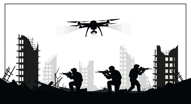 Military Drone Surveillance Over Ruined Cityscape With Soldiers