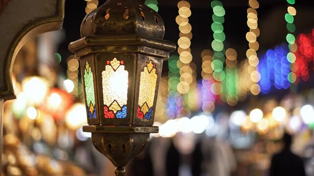 Ornate Metal Lantern With Colorful Glass Panels Illuminated At Night With Blurred Bokeh Lights Background