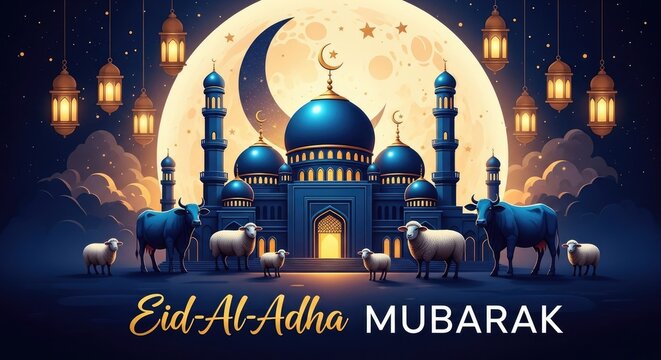 Eid ul adha mubarak celebration background with mosque and sheep
