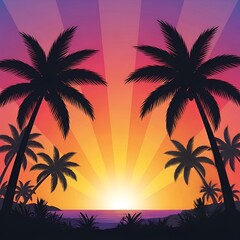 Vibrant Tropical Sunset with Silhouetted Palm Trees Over the Ocean.