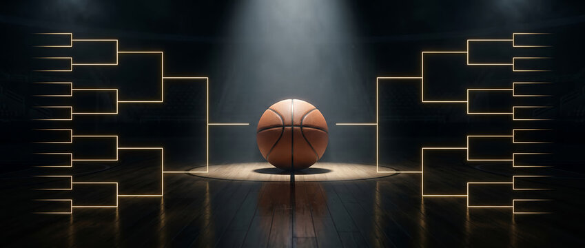 Basketball championship tournament bracket on a dark court floor, cinematic spotlight concept with a professional game ball.