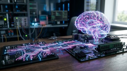 Obraz premium Advanced technology workspace with holographic brain and circuit board illustrating artificial intelligence and digital innovation in a modern office setting