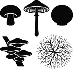 Fototapeta na wymiar Diverse illustrations of fungi and mycelial networks in black and white isolated on white background, Vector