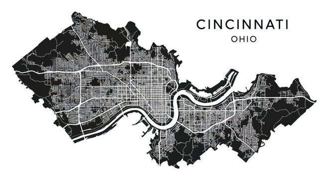 Cincinnati Ohio City Map Black and White Graphic Design