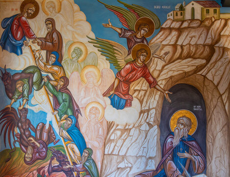 Icon representing the ladder to heaven, a biblical representation of those going to heaven or hell, at the Sambata de Sus monastery - Romania