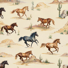 Obraz premium Oil Painting Wild Horses in Desert Landscape Pattern