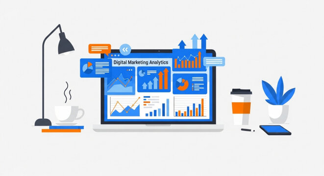 Digital marketing analysis on laptop with graphs charts and office supplies on a desk