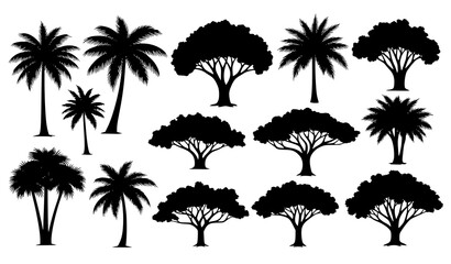 Black and white tropical tree silhouettes vector collection jungle plants isolated on white background © abdul