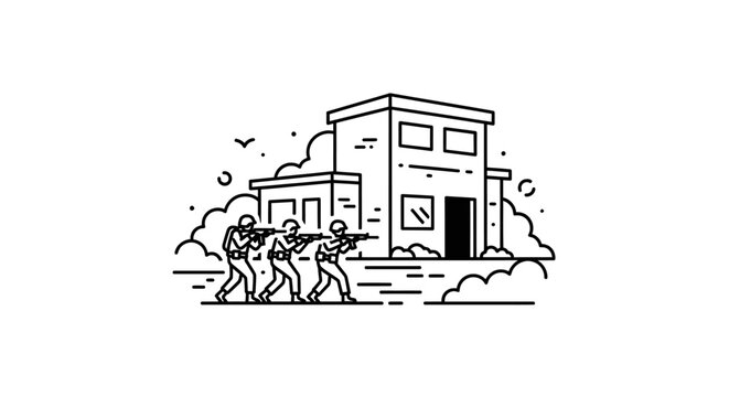 Military Squad Advancing on Building, Tactical Operation, Soldiers with Rifles, Line Art Illustration
