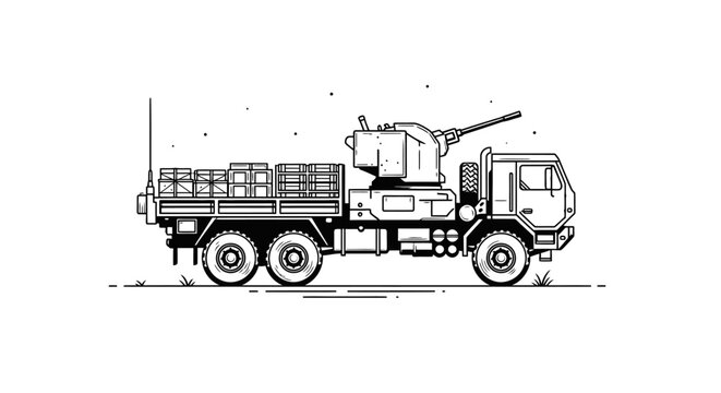 Military Truck with Anti-Aircraft Gun and Cargo - Line Art Illustration