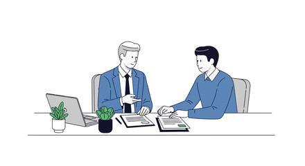 Two businessmen in a meeting discussing documents at a desk.