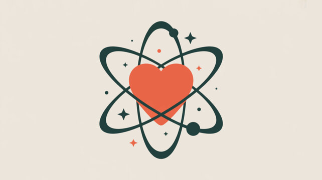 Heart symbol surrounded by atom orbits with stars and red splashes on beige background
