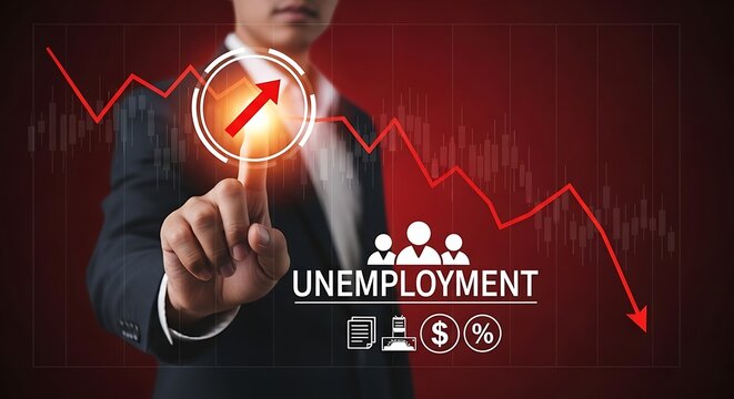 A businessman interacting with a digital graph showing a decline in unemployment rates.