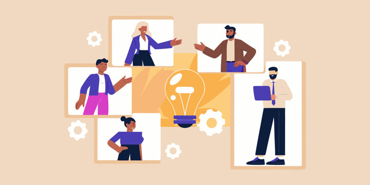 Diverse team collaborating around a central idea of innovation and teamwork