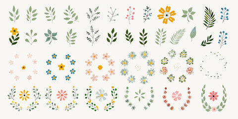 Colorful botanical illustrations featuring various flowers leaves and floral arrangements