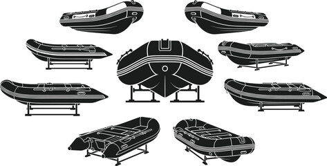 Detailed black silhouette collection of inflatable rubber dinghy boats featuring multiple angles including front, side, and isometric views on transport stands © Mahmudul