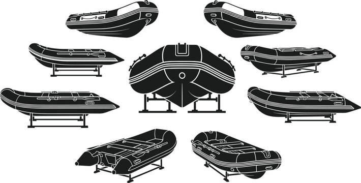 Detailed black silhouette collection of inflatable rubber dinghy boats featuring multiple angles including front, side, and isometric views on transport stands