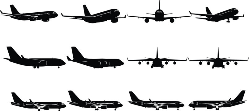 Comprehensive black silhouette collection of commercial airplanes and cargo jets featuring various flight angles side views and front elevation silhouettes