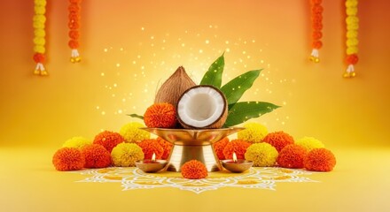 A vibrant still life featuring coconuts marigolds and traditional indian puja items