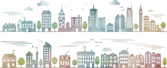 Fototapeta premium Urban City Skyline and Town Buildings Vector Illustration Set with Modern Skyscrapers, Residential Houses, Architecture Landscape and Cityscape Panorama Collection