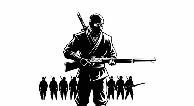Ninja Warrior with Rifle and Army Silhouette Background, Stealthy Combatant