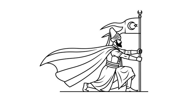 Ottoman warrior holding crescent flag, kneeling, historical illustration