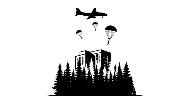 Paratroopers descend on a building surrounded by a dense forest, military operation concept
