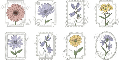 Vintage botanical postage stamp collection featuring pastel wildflowers, hand drawn floral illustrations with retro mail marks decorative vector set