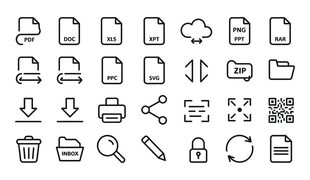Assortment of flat icons for file formats, cloud sync, and essential digital tools