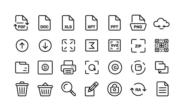 Set of modern line icons for digital files, cloud services, and office operations