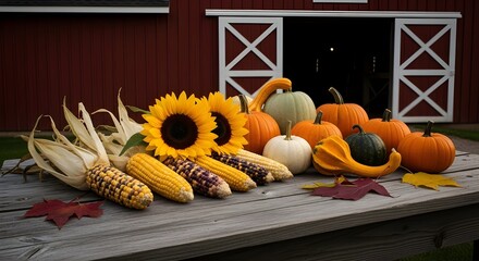 Fresh Farm Harvest on Rustic Wooden Table with Barn Background – Autumn Agriculture Labor Day Concept