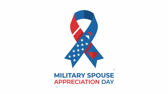 A patriotic red and blue ribbon with stars and a heart, celebrating Military Spouse Appreciation Day on a white background.
