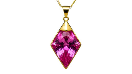 A beautiful pink gemstone pendant hangs from a gold chain on a transparent background with a shiny pink crystal.