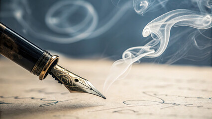 Fototapeta premium Black ink swirling in water like smoke concept. An elegant fountain pen with smoke above a handwritten letter.